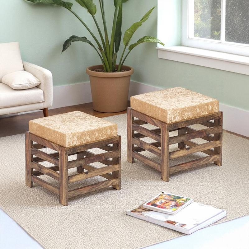 Uvaro Sheesham Wooden Stools With Cushions (Beige) - Set of Two
