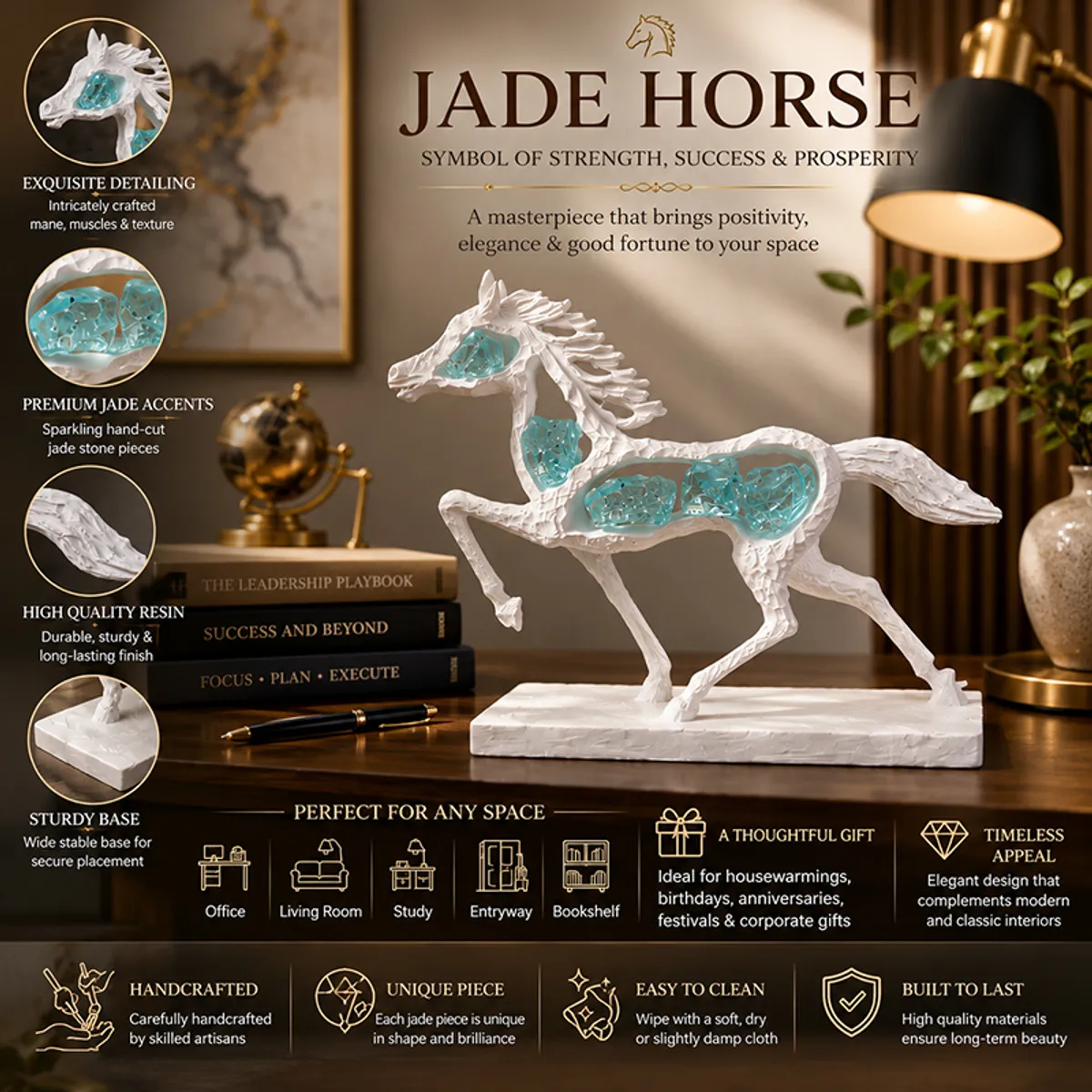 White horse figurine with aqua crystal accents styled on a desk