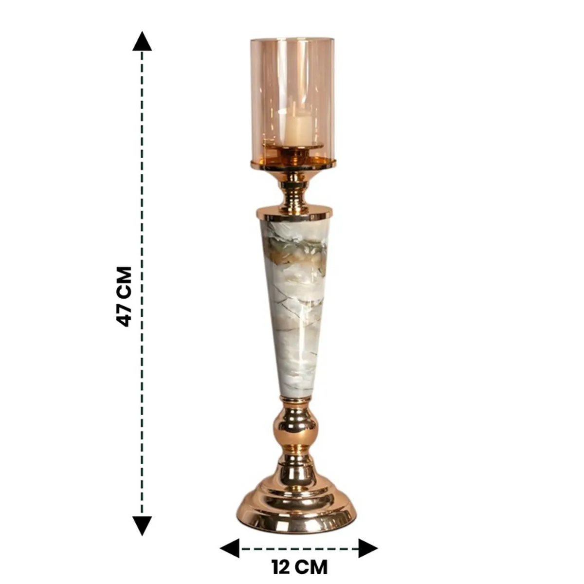 Gold and white marble candle holder shown with arrows indicating its height and width