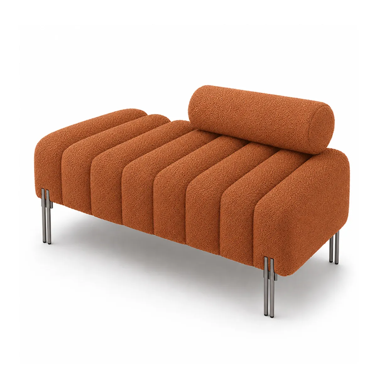 Three-quarter view of a rust bouclé bench showing its bolster backrest