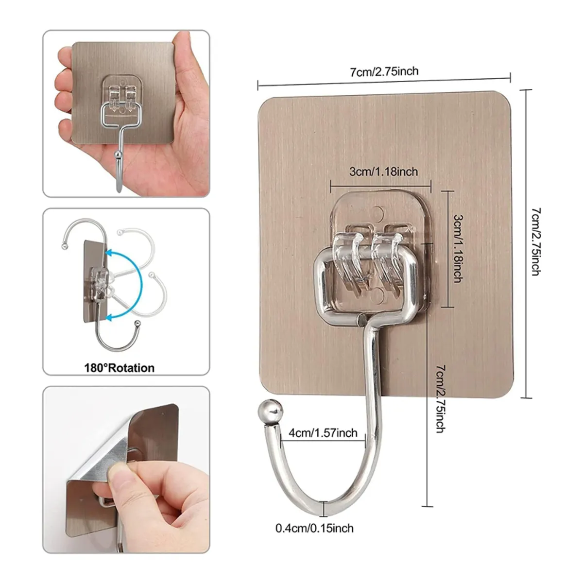 Close-up of a beige square metal wall hook with a curved hook and adhesive backing.