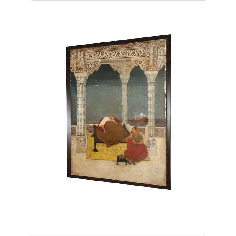 Angled view of rectangular framed canvas wall painting with palace scene