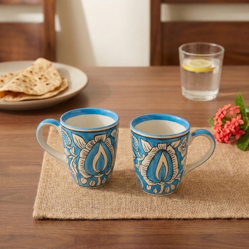 Cozy Cup Ceramic Coffee Mugs (Sky Blue & White/300 mL Each) - Set of Two - 300 mL