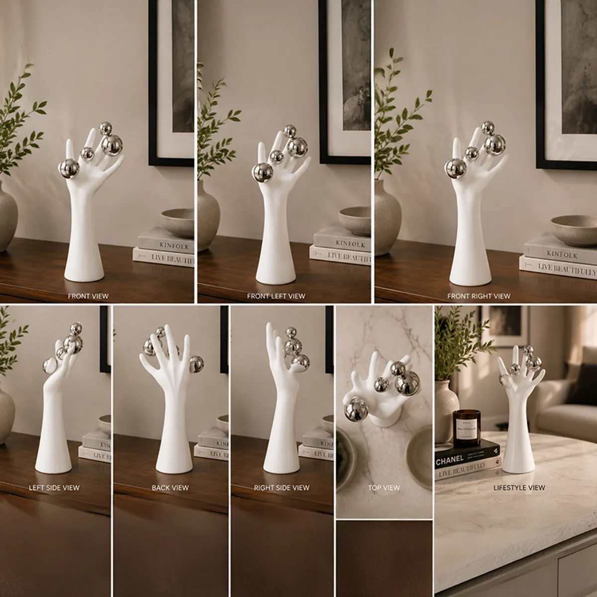 Collage of front, side, back and top views of the white hand showpiece