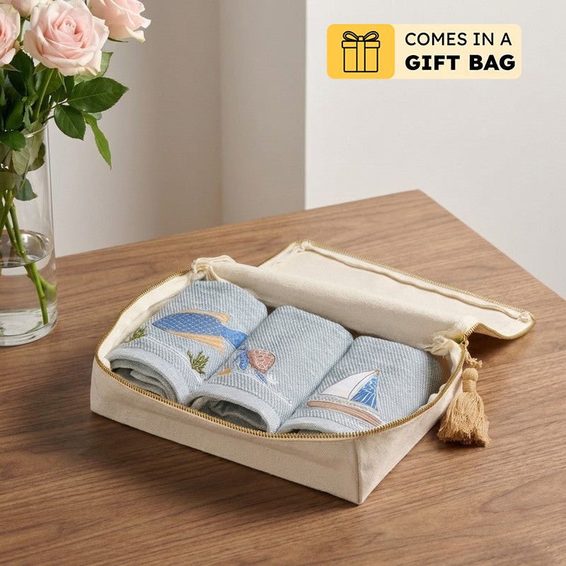 Nautical Applique Bamboo Cotton Hand Towels with Canvas Box - Set Of Three - Bundles