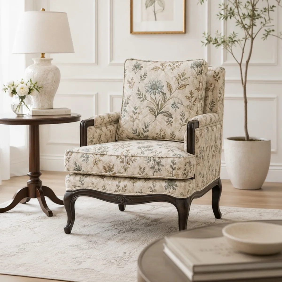 Floral accent chair styled beside a lamp and potted tree