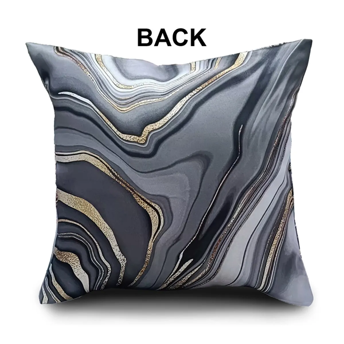 Single black cushion cover showing its grey and gold marbled front design