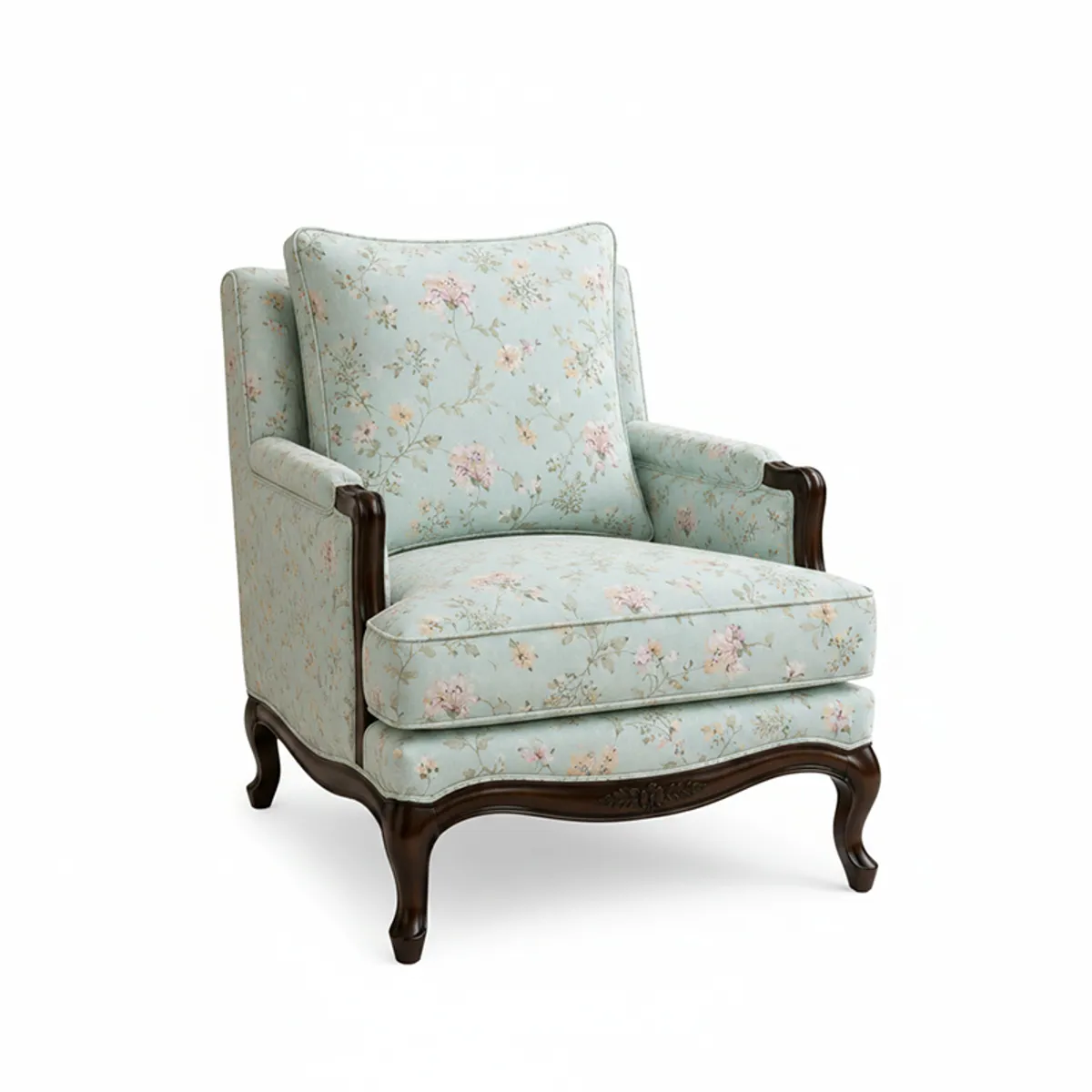 Three-quarter view of a floral upholstered lounge chair with curved arms