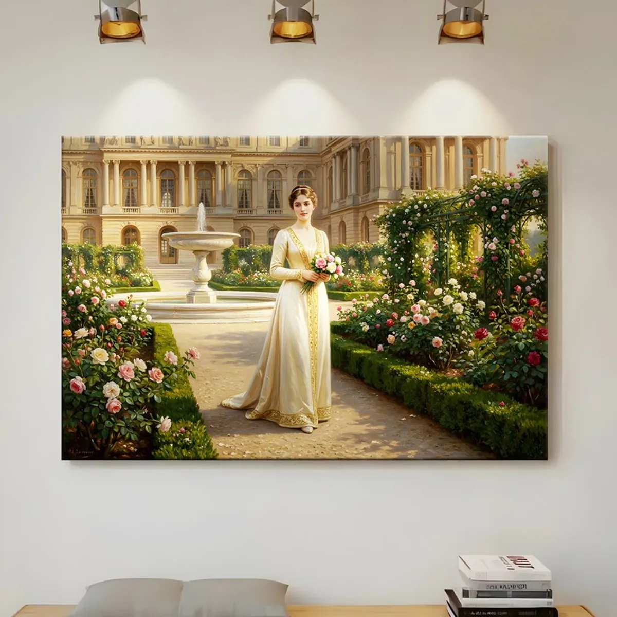 Canvas wall art featuring a woman in a palace garden displayed under three spotlights.