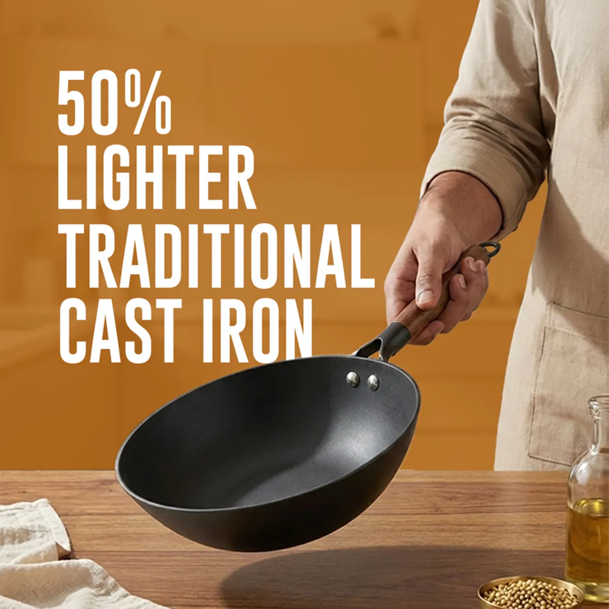 Person holding a black frying pan with a wooden handle