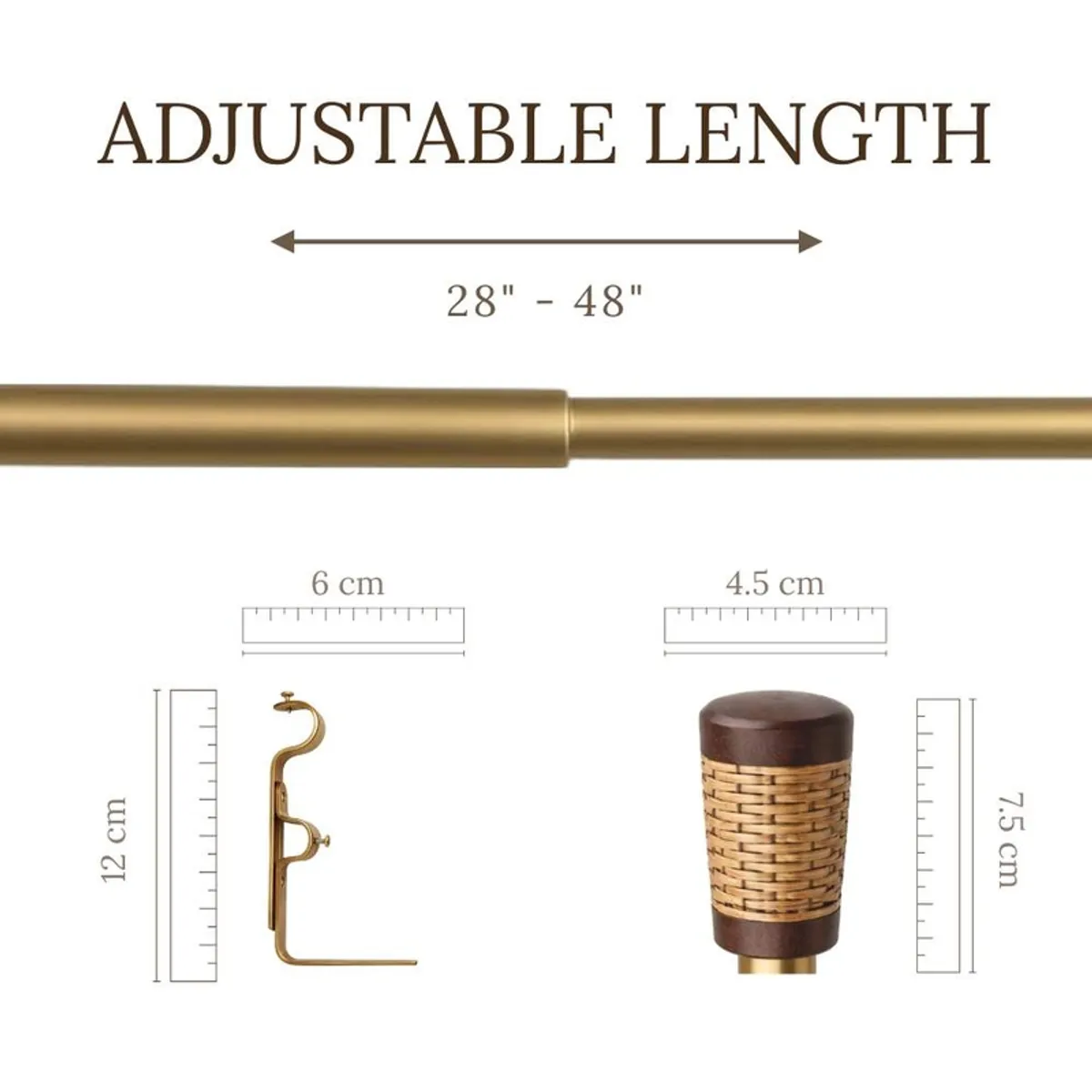 Gold extendable curtain rod with close-up measurements of bracket and rattan-style finial