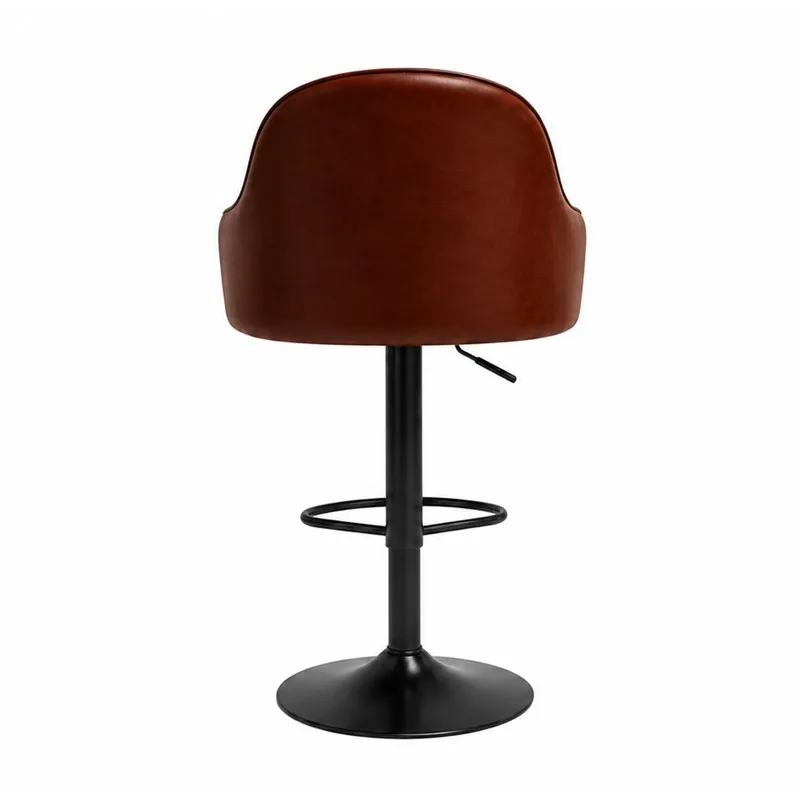 Back view of brown bar chair with black metal pedestal base