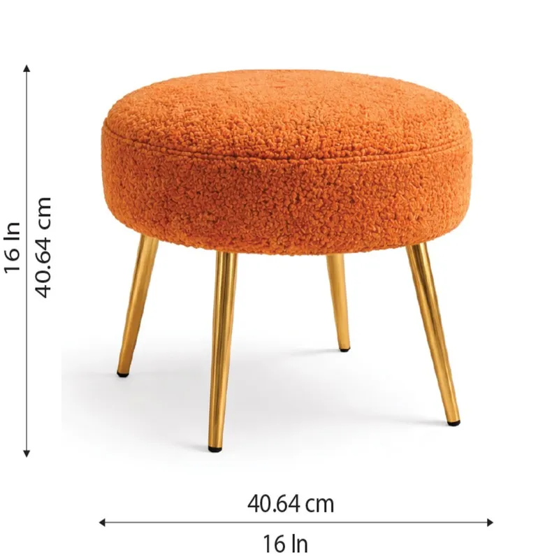 Orange stool with gold legs shown with 16-inch dimensions