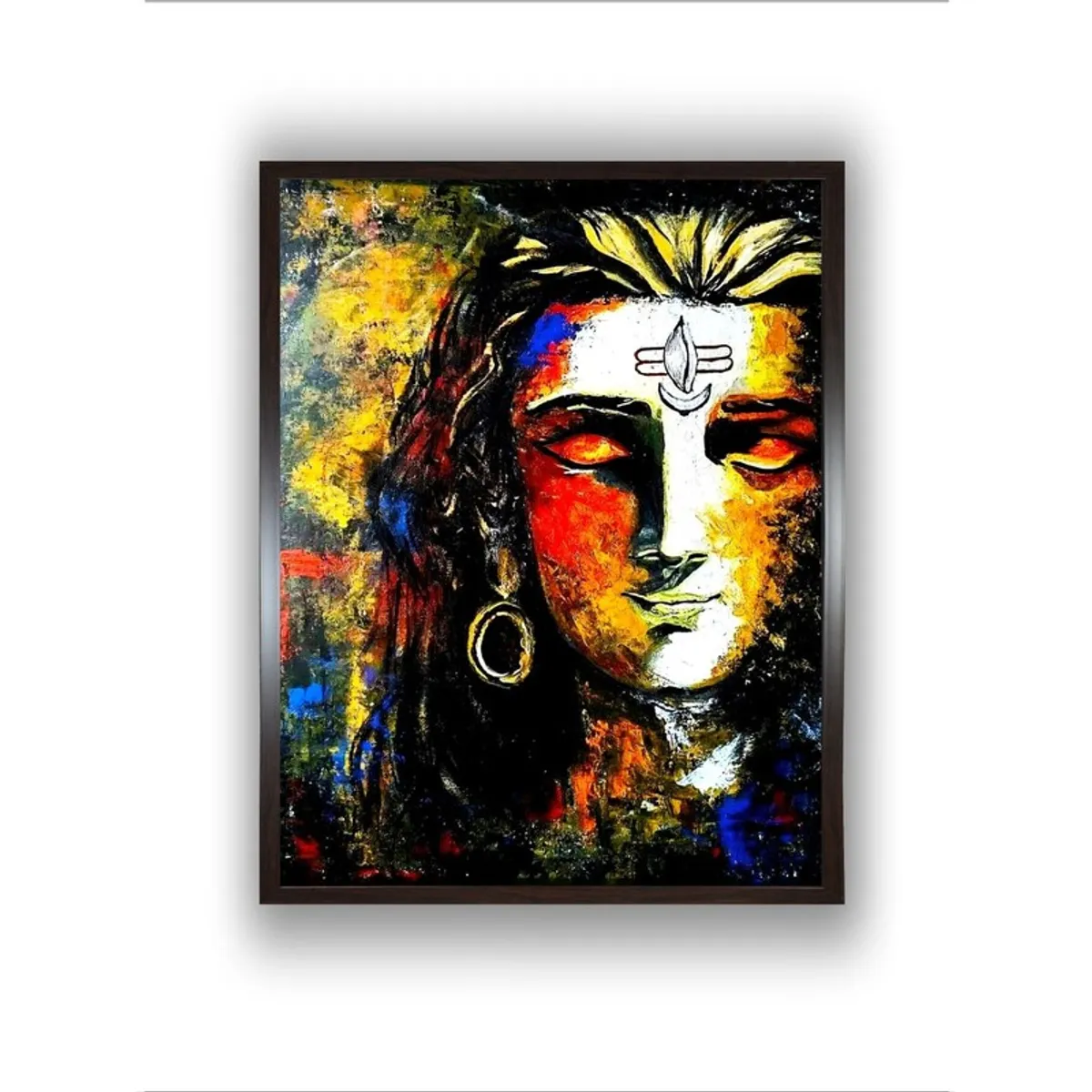 Straight-on view of the framed multicolour Shiva artwork