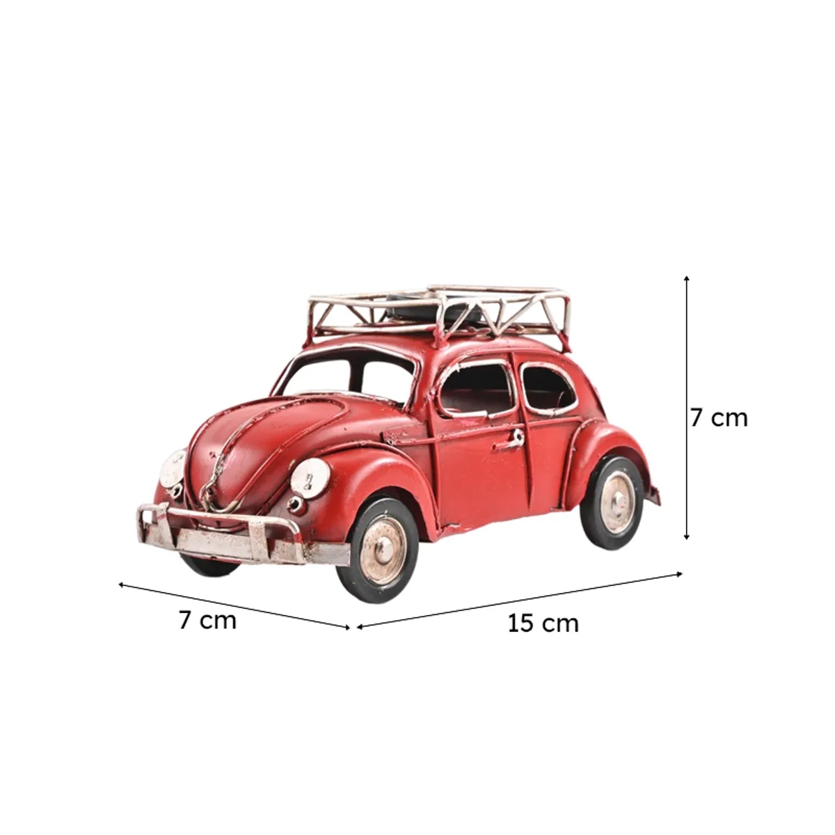 Red vintage car showpiece with dimensions shown