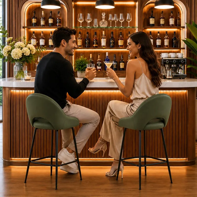 Two dark green bar chairs placed at a home bar counter