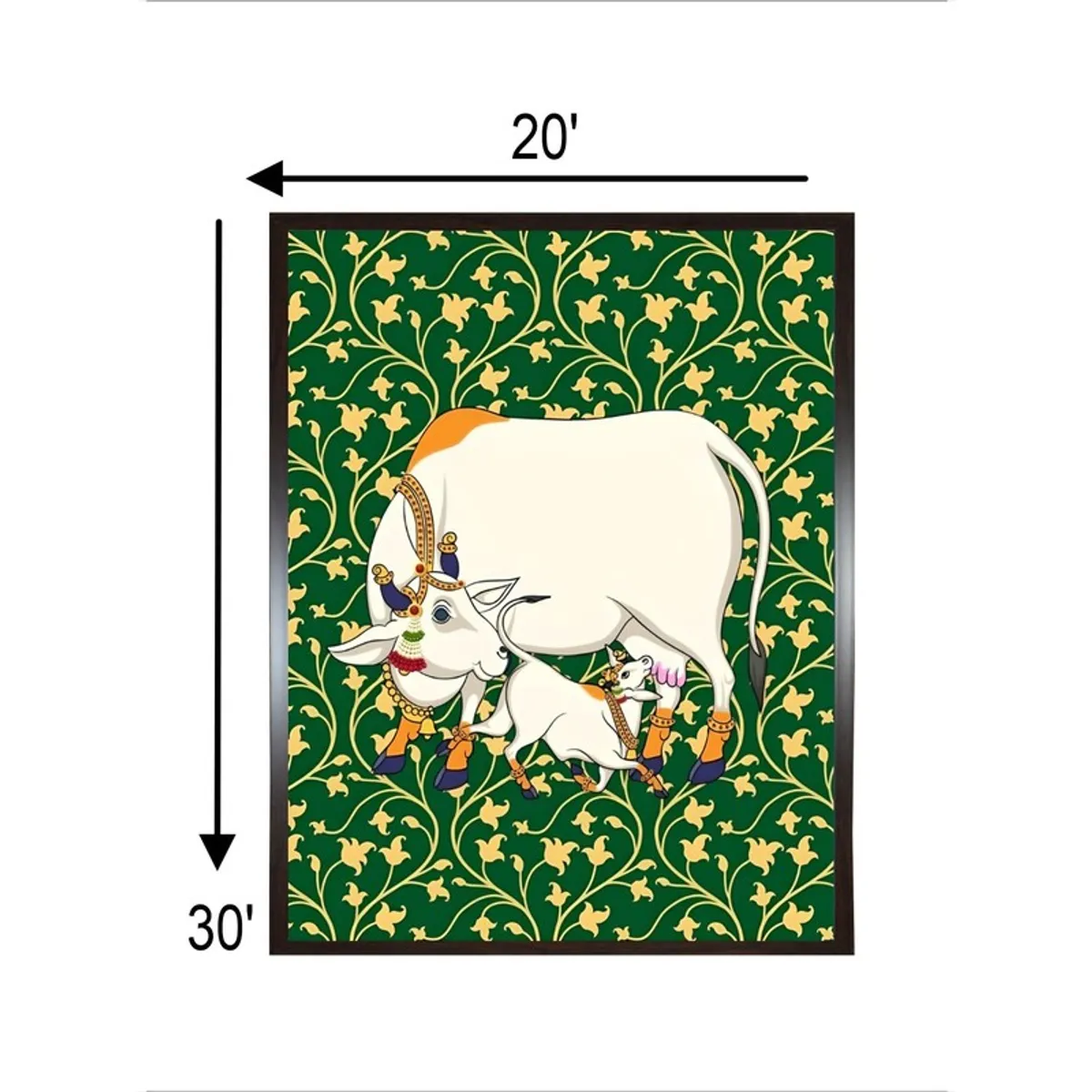 Framed mother cow folk canvas painting with visible rectangular proportions