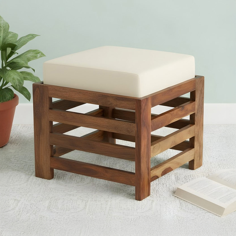 Synex Sheesham Wooden Stool With Cushion - White