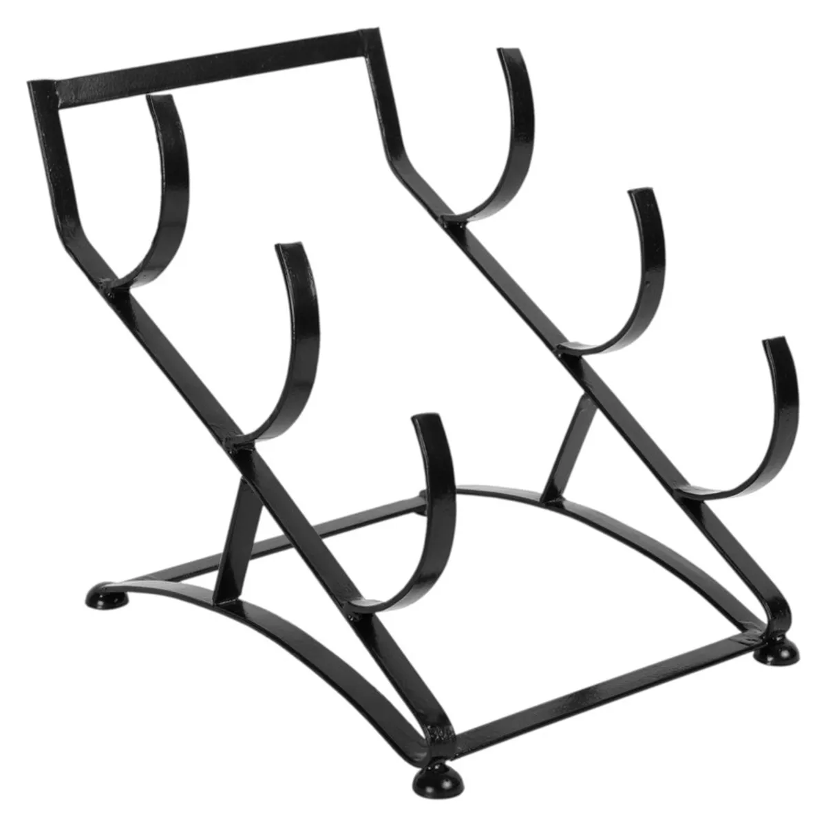 Standalone black iron bottle holder with four curved bottle supports.