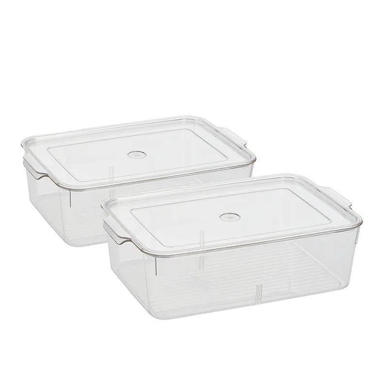 Two clear rectangular fridge organisers with lids on a white background