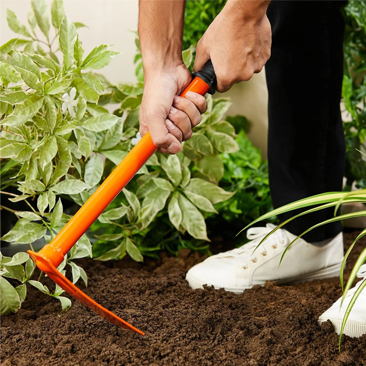 Person using an orange garden tool to loosen soil near plants