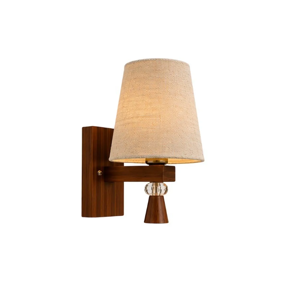 Beige jute wall lamp with a dark wood base shown against a white background.