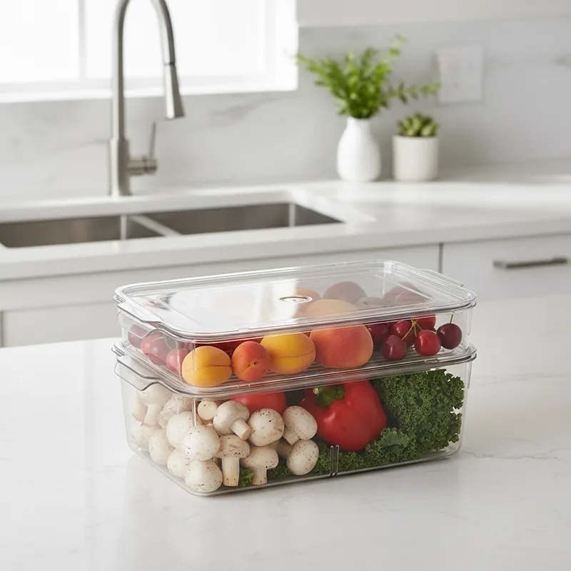 Stacked transparent organisers holding fruit, mushrooms, peppers and leafy greens.