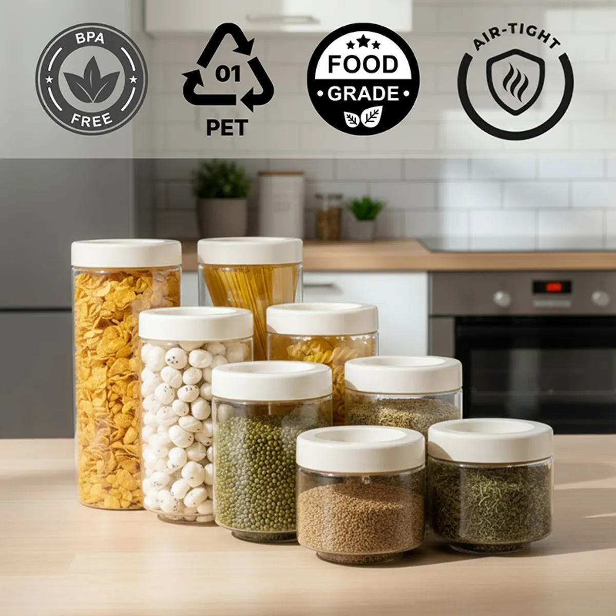 Clear kitchen containers with white lids arranged on a countertop