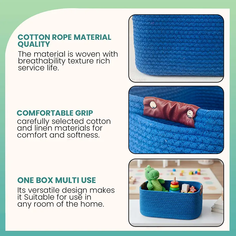 Collage showing blue woven basket texture, handle detail and basket used for toy storage