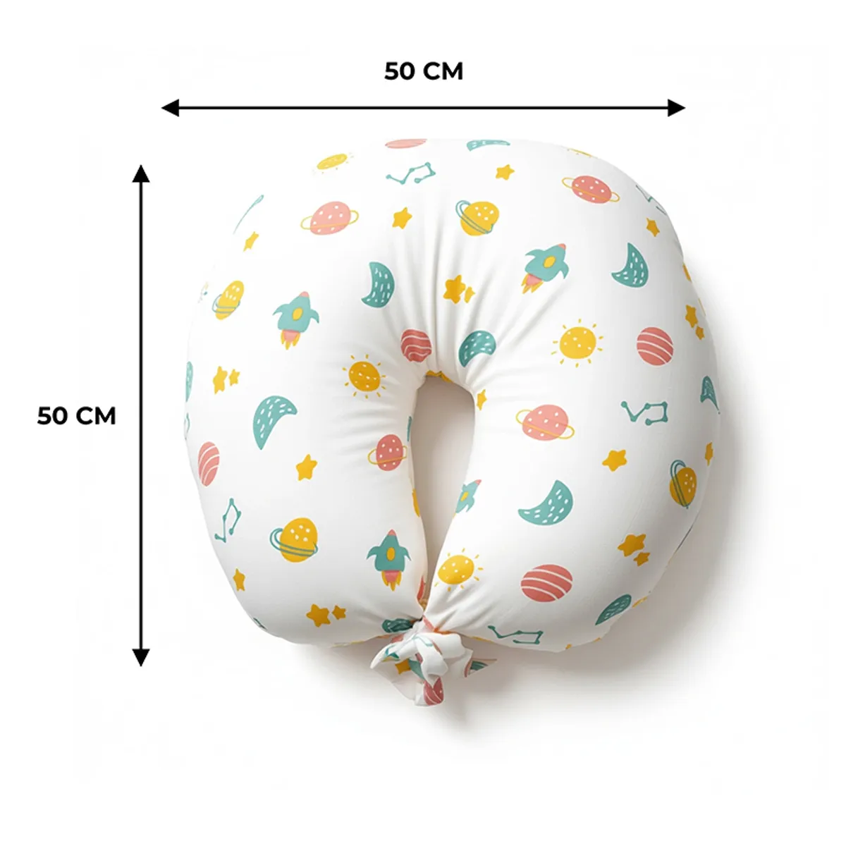 White U-shape feeding pillow with colourful space print and size arrows