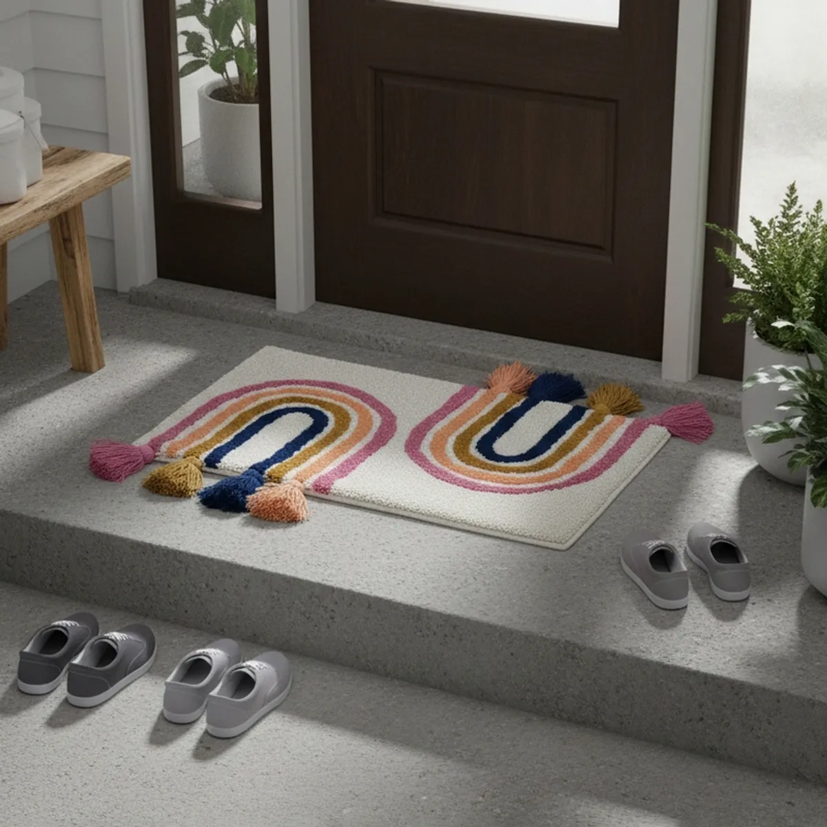 Colourful geometric arch bath mat placed at a home entrance