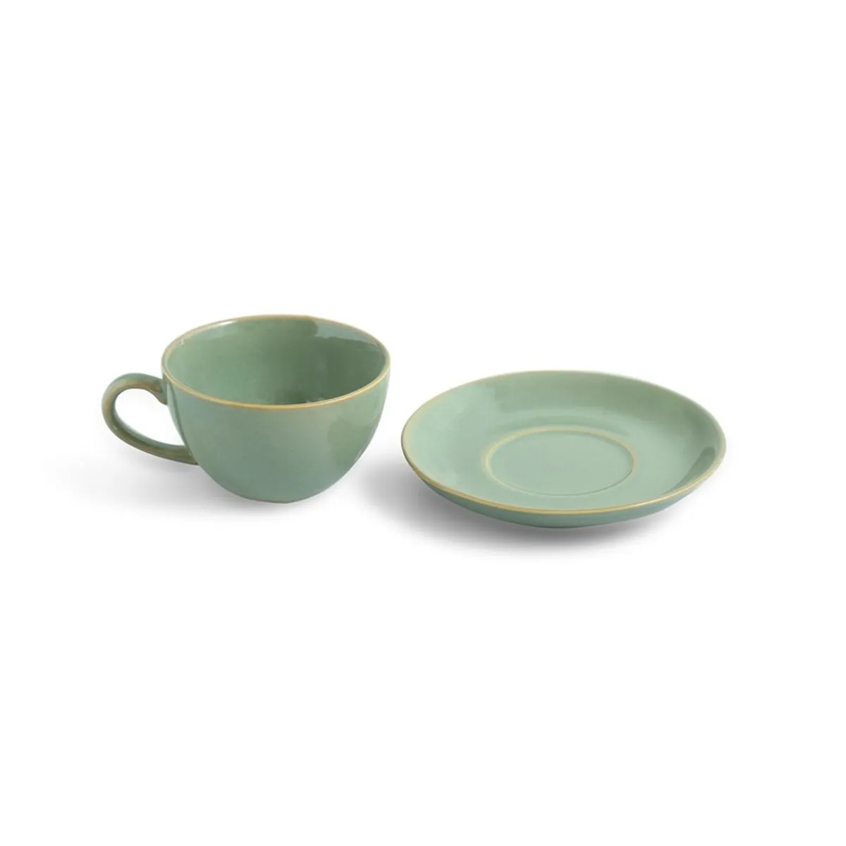Sage green porcelain cup paired with a matching saucer