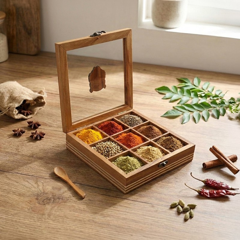Mystic Owl Teak Wood Masala Box With Spoon