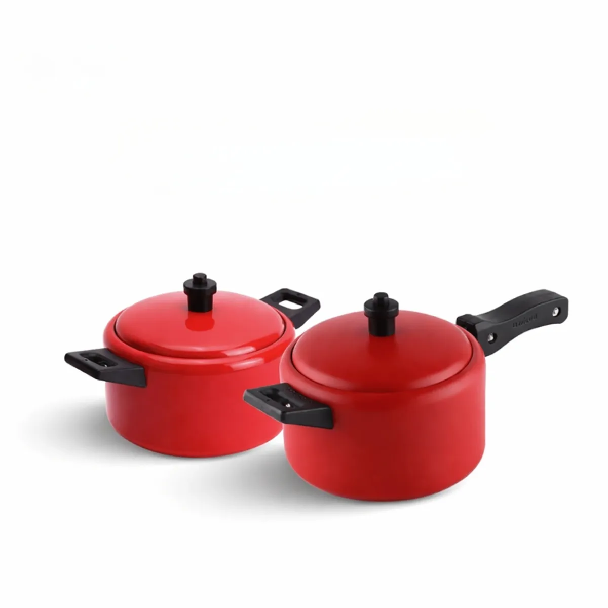 Two red lidded cookware pieces with black handles displayed against a white background