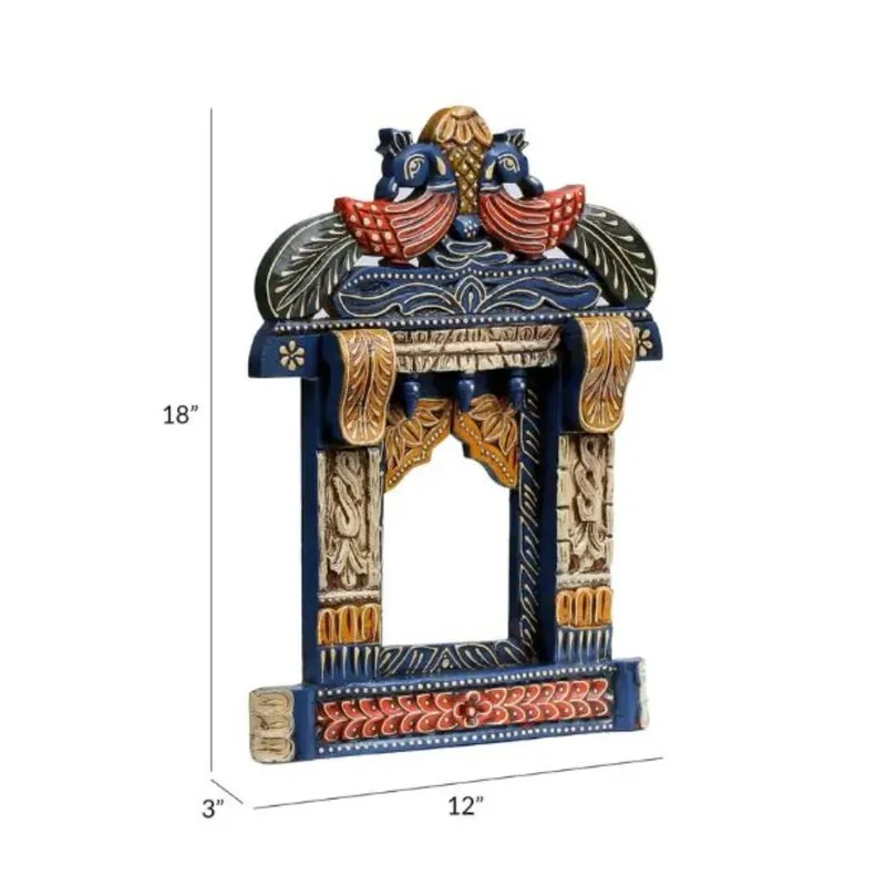 Blue ornate window wall accent shown with printed dimensions on a white background