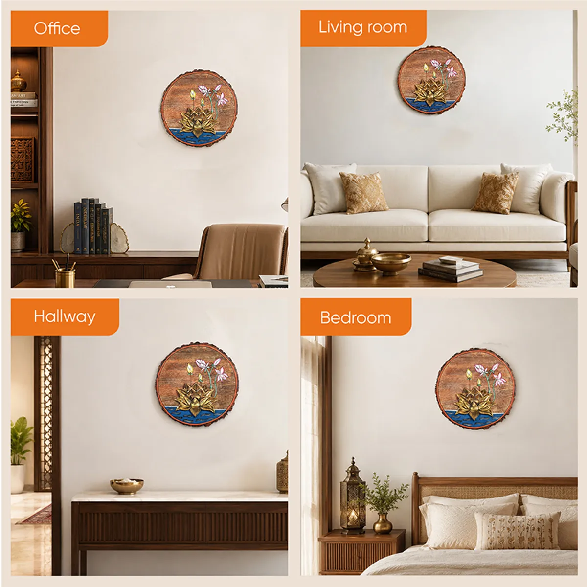 Round lotus wall accent styled in office, living room, hallway and bedroom settings.