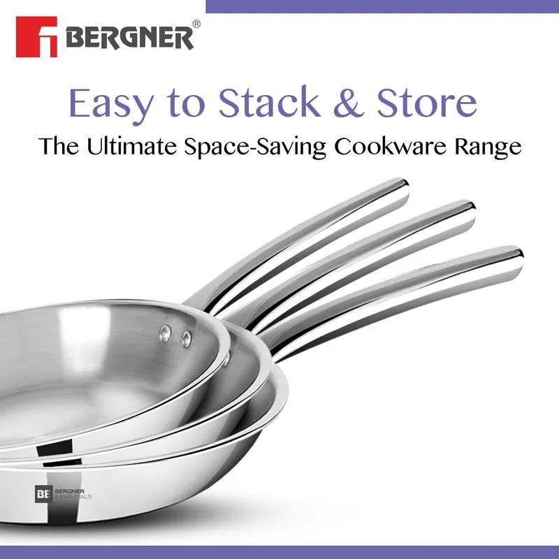 Three polished silver frying pans nested together
