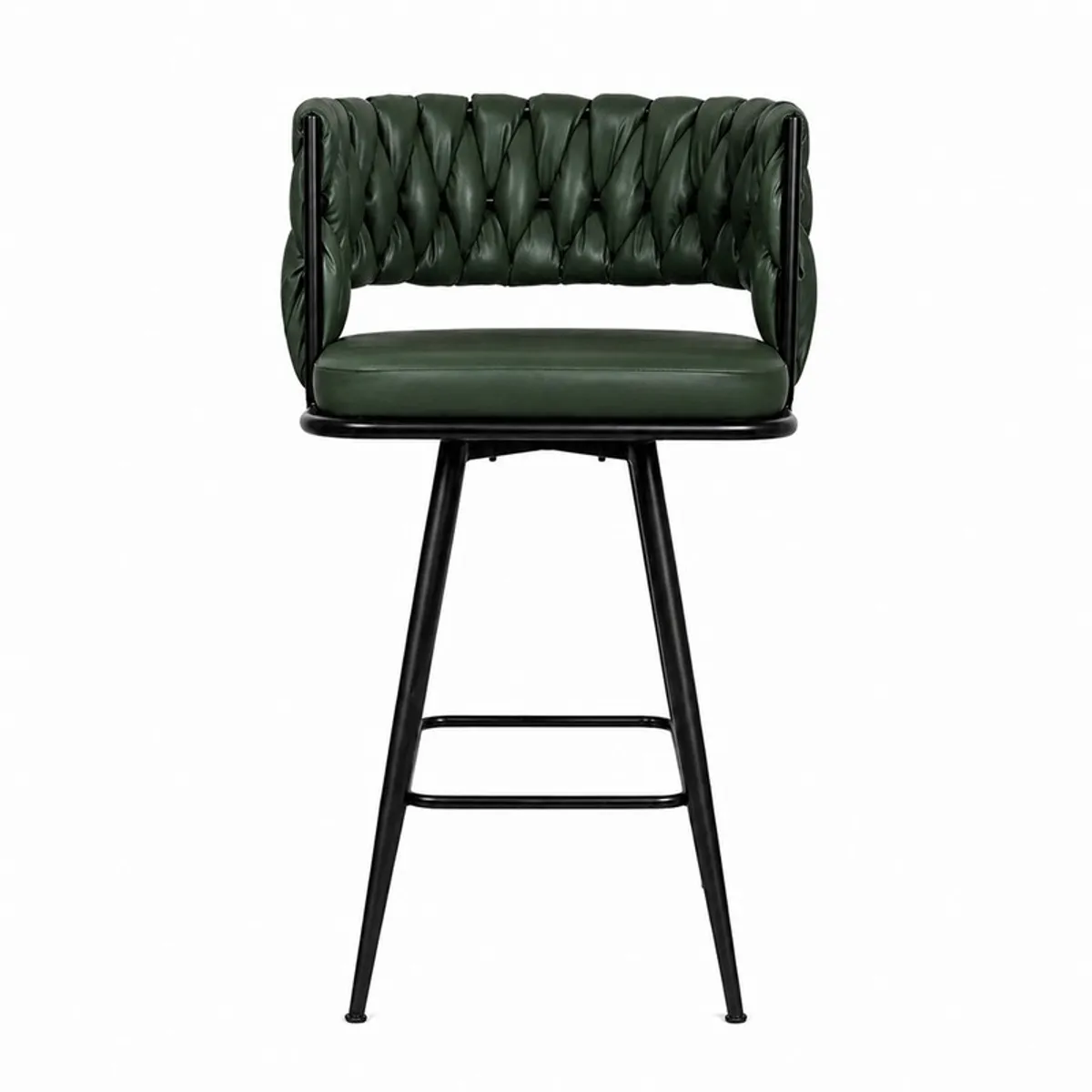 Front view of the green bar stool showing its textured backrest, seat and black legs.