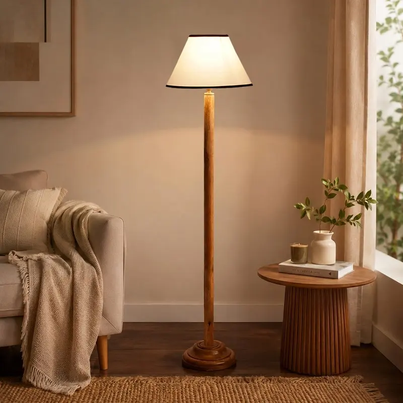 Ivory Edge Cotton Wooden Floor Lamp