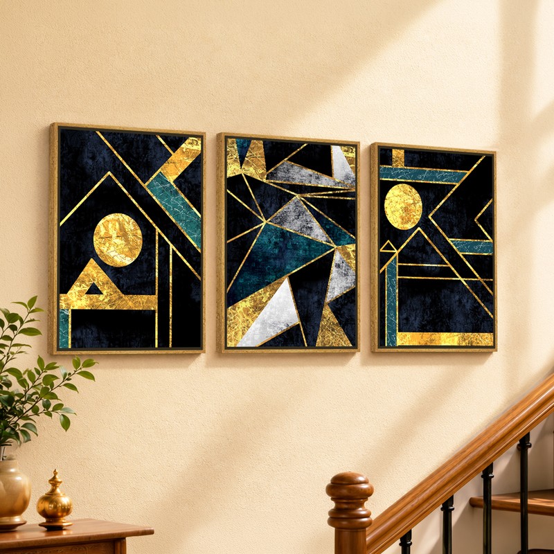 Noir Luxe Geometry Canvas Wall Painting With Frame - Set of Three