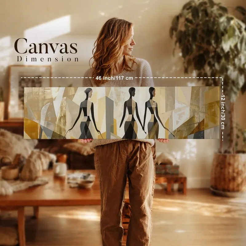 Woman holding a long rectangular abstract silhouette canvas in warm neutral colours