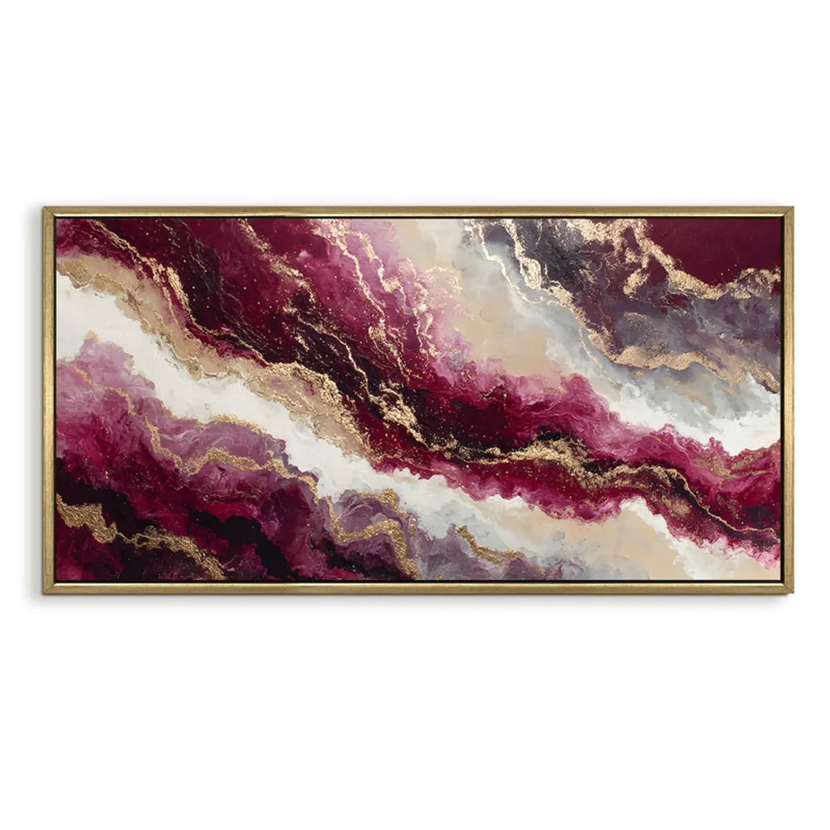 Rectangular abstract canvas painting with purple, white and gold flowing design