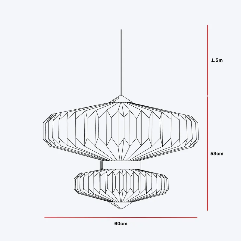 Line drawing of two-tier pendant lamp with dimensions shown