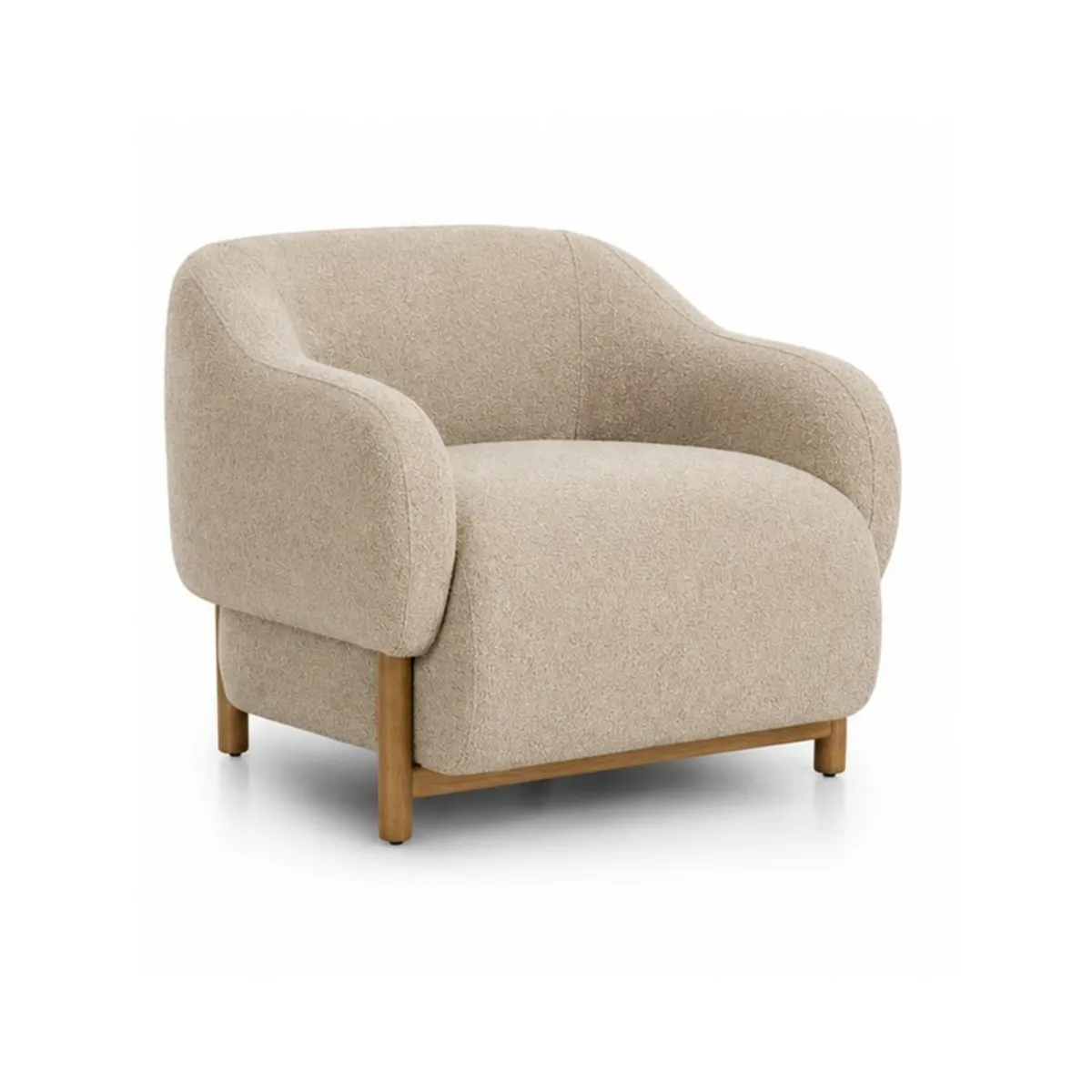 Beige rounded accent chair with teak wood legs shown on a white background