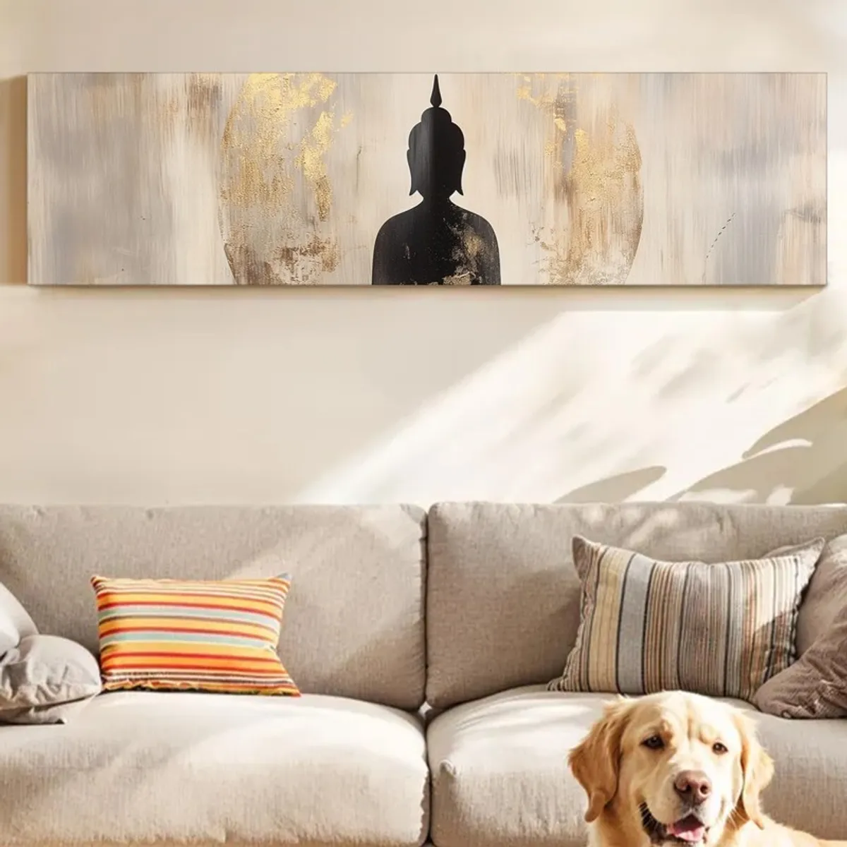 Gallery wrapped Buddha silhouette wall art in muted grey and gold tones