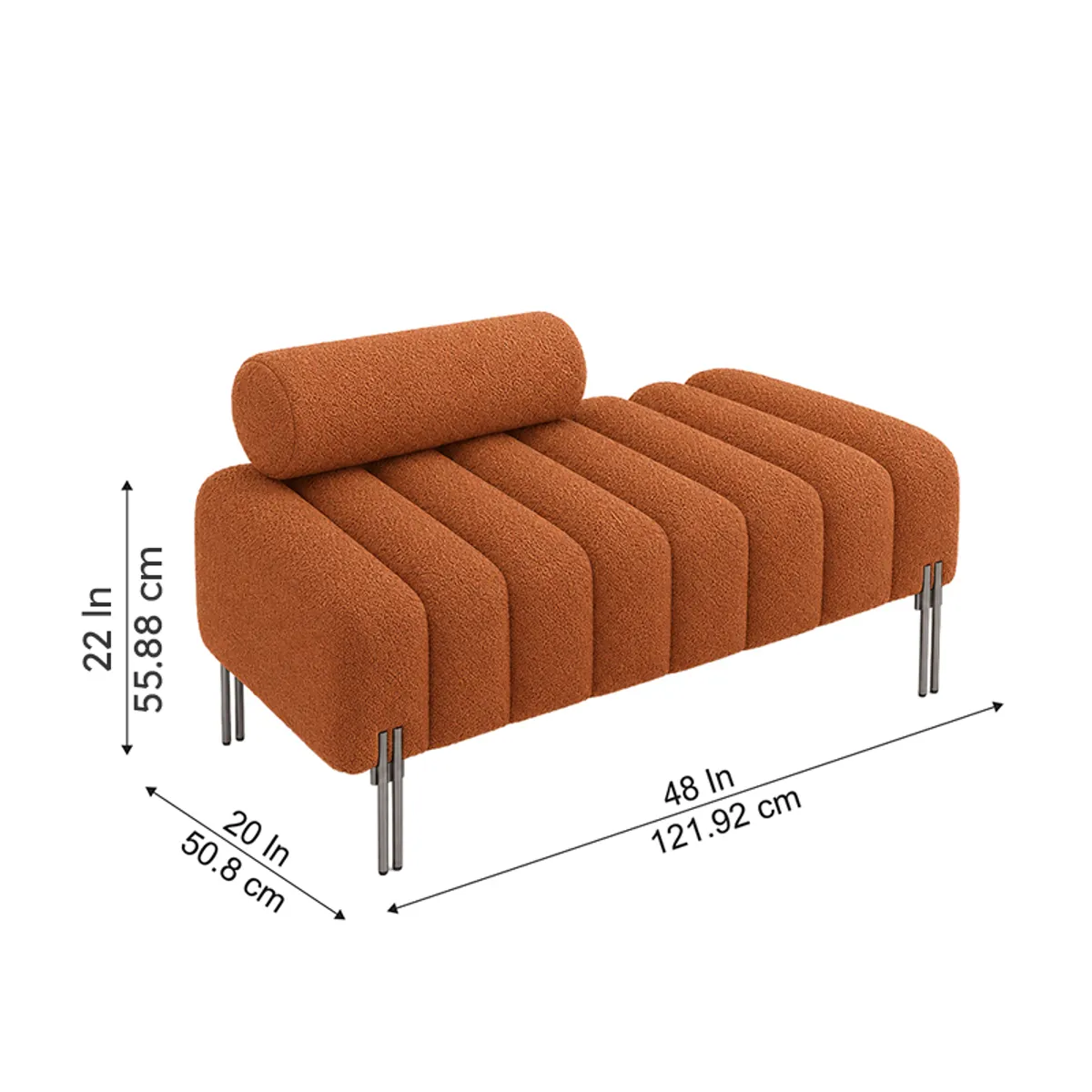 Angled view of the rust bouclé bench with channel-tufted upholstery