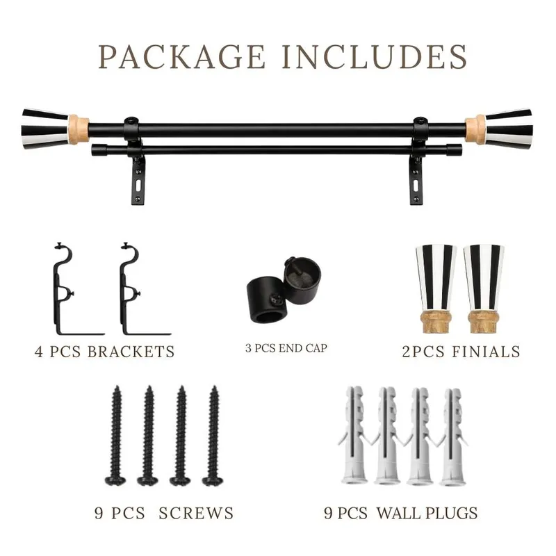 Double curtain rod set with striped finials and mounting components displayed together