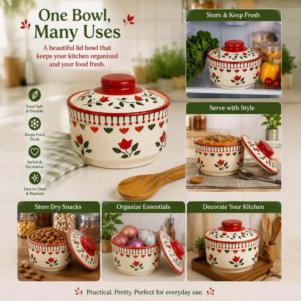 Red and cream floral bowl shown for serving, storing snacks and organising kitchen items