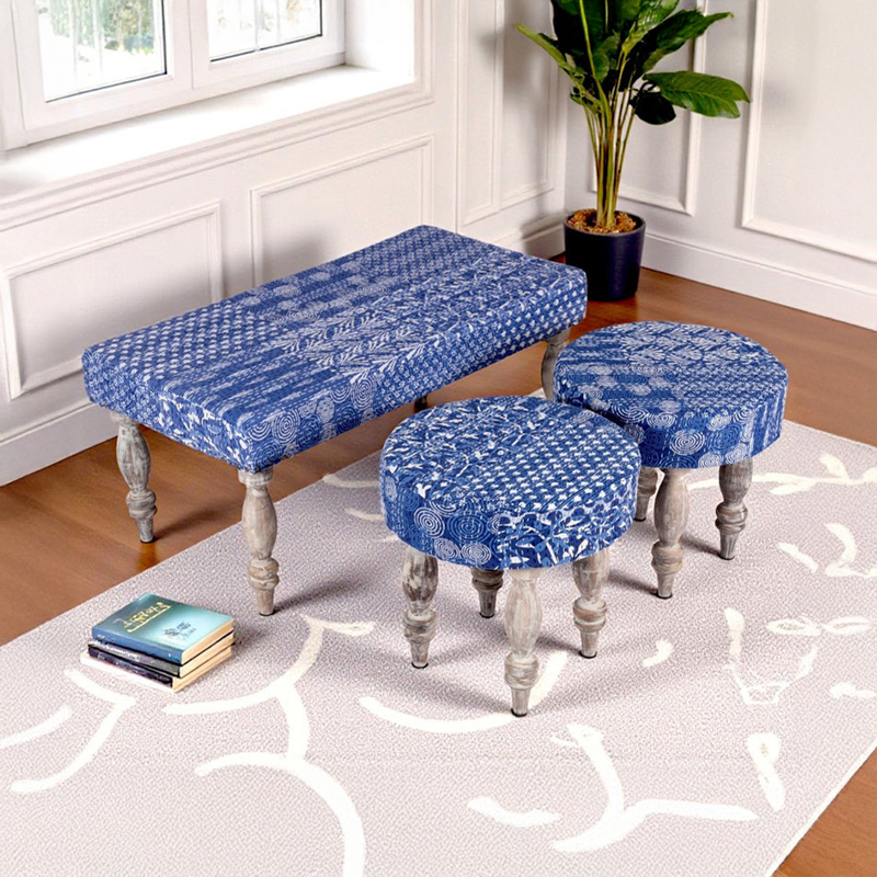 Delvo Sheesham Wooden Bench With Stools (Blue) - Three Piece Set