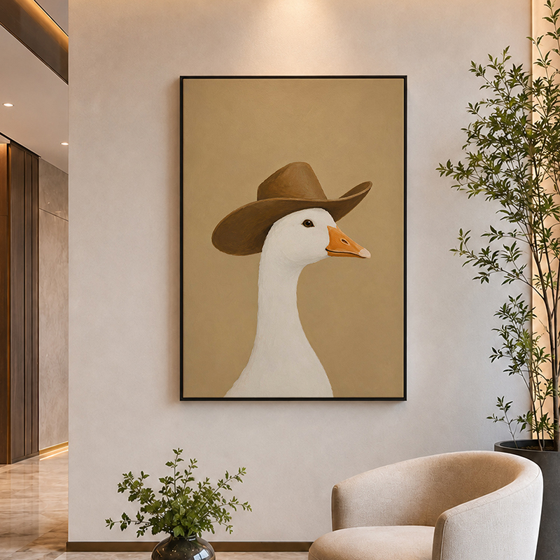 Goose in a Brown Stetson Canvas Wall Painting With Frame - Brown - Small